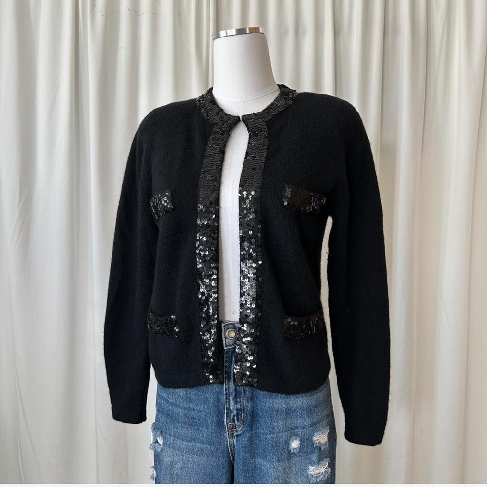 Vintage 1980s Evan-Picone Black Angora Wool Blend Sequin Cardigan Petite Small - Picture 4 of 8